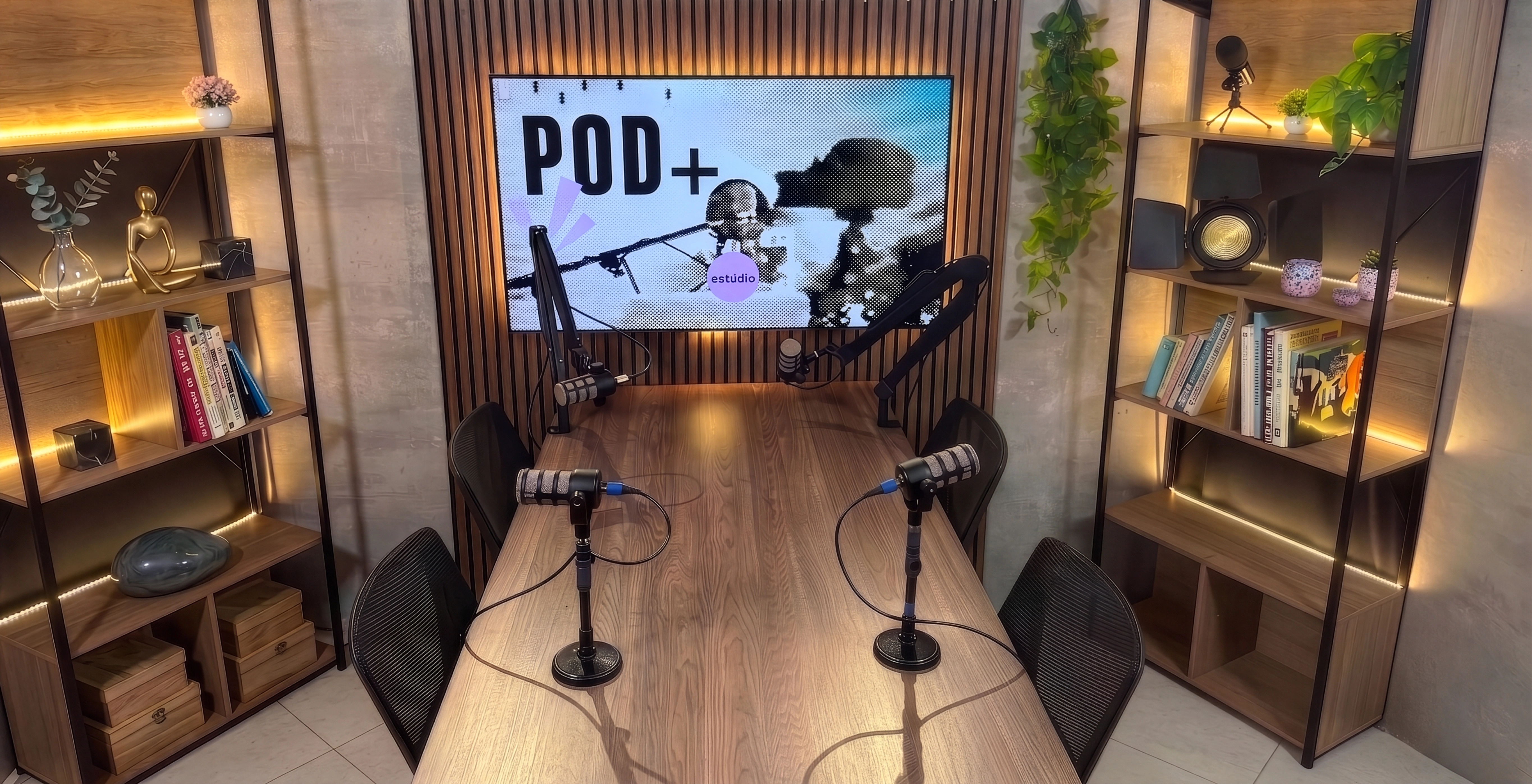 Estúdio POD+ preparado para uma gravação